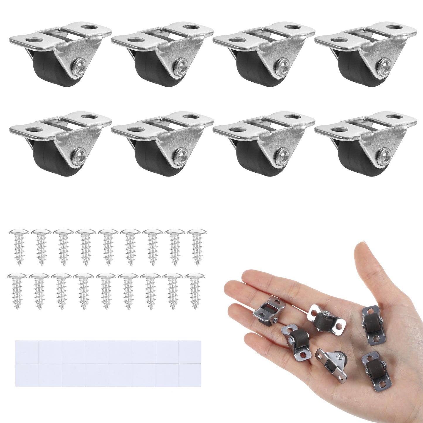 8Pcs 1/2 Inch Mini Caster Wheels, Self Adhesive/Screw Mounted Single Direction Tiny Wheels with Steel Top Plate for Small Appliances Furniture Light-Duty Projects