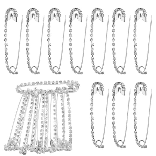 Xindojuz 10 PCS Rhinestone Safety Pin Brooch, Decorative Safety Pins for Clothing, Silver Safetys Pins Large, Crystal Metal Elegant Shawl Clips for Women Skirts Scarf Shirt Hat Accessories