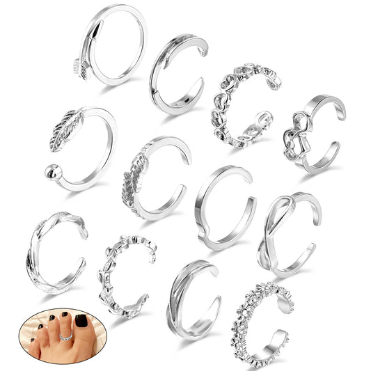 Tyqour Toe Rings for Women - 12pcs Vintage Heart Star Moon Silver Toe Ring Set, Adjustable Toe Rings for Women, Silver Toe Ring Jewelry with Velvet Bag Perfect for Summer Beach Footwear