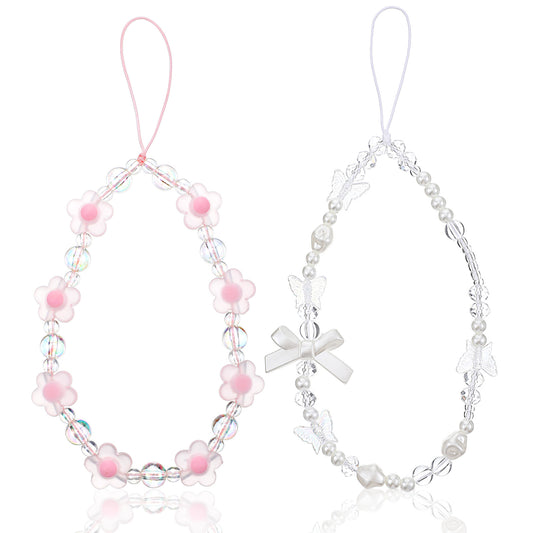 2PCS Phone Charm Universal Phone Chain White Bow Pearl Beaded Lanyard Wrist Strap Anti Charm Strap Fashion Case Keychain Cellphone Pendant