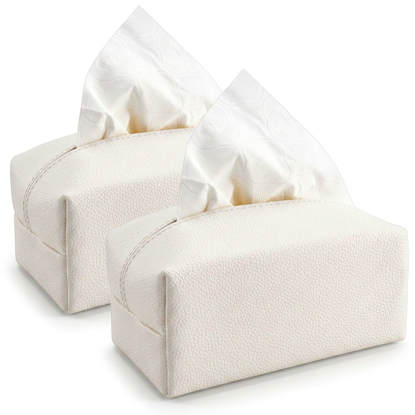 2 Pack Rectangular PU Leather Tissue Box Cover Holder, 7x4x3 Inch Decorative Facial Tissue Cube Paper Organizer for Tabletop Bathroom Car (Beige, Pebble Grain)