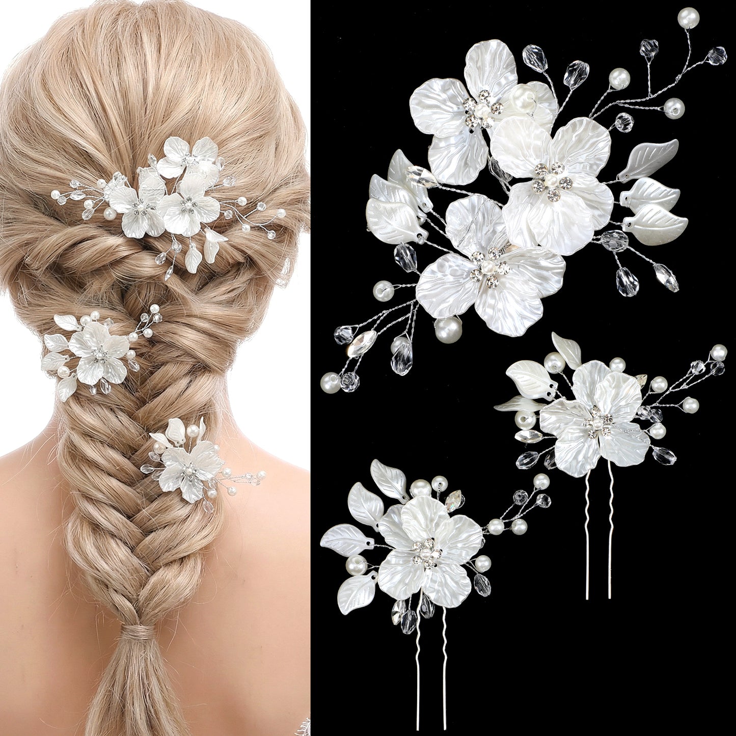 Ouligay 3 Pieces Bridal Wedding Hair Pins Crystal Pearl HairClips Rhinestone Flower Headpiece Vintage Wedding Hair Accessories for Brides Bridesmaids Women Girls, Glitter Emboss White Flower(Silver)