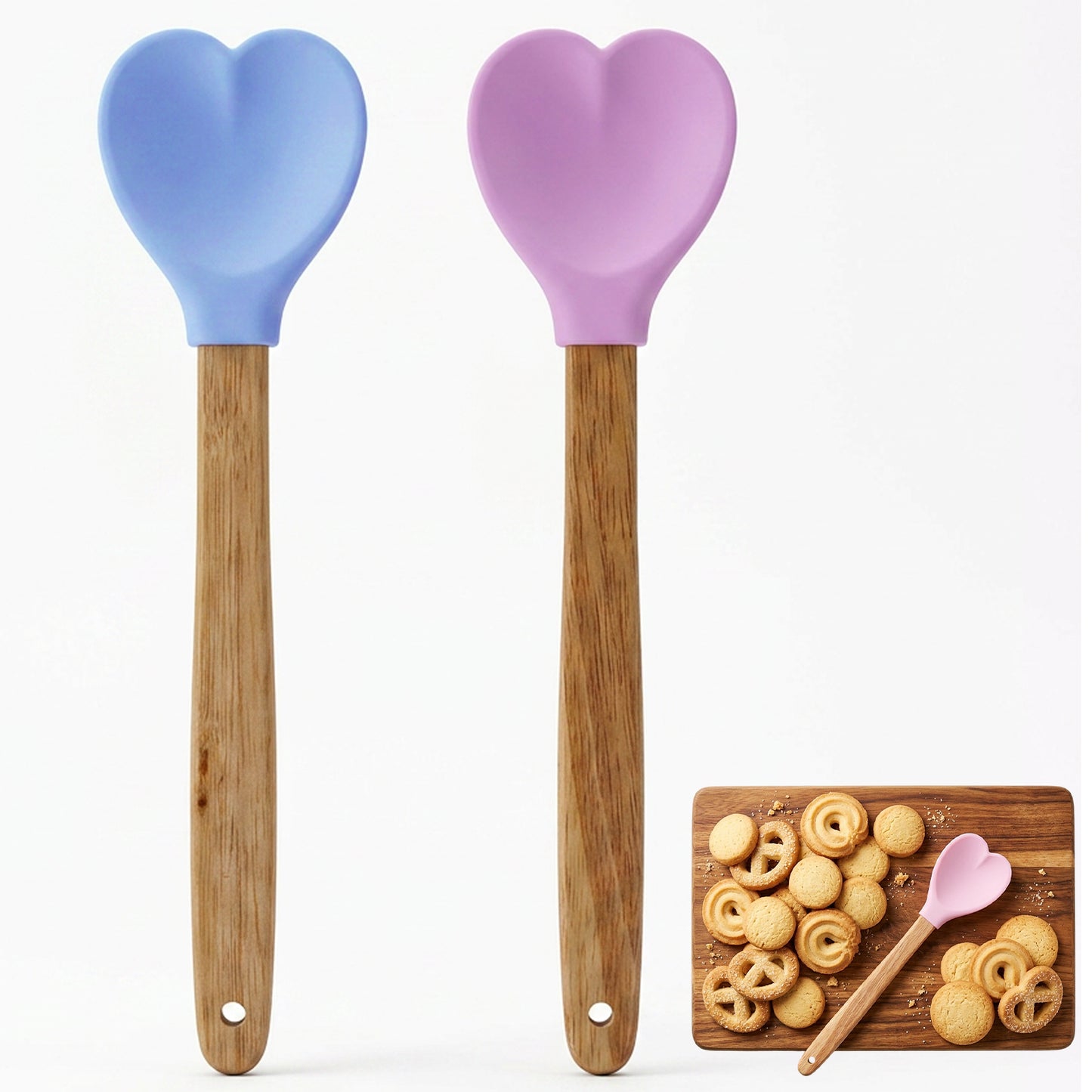 2 Pcs Heart Shaped Silicone Spoon with Wooden Handle Heart Spatula Non Stick Cooking Tools Kitchen Accessories Women Grandma Friend Sister for Baking Cooking Mixing Scraping Stirring Pink Blue