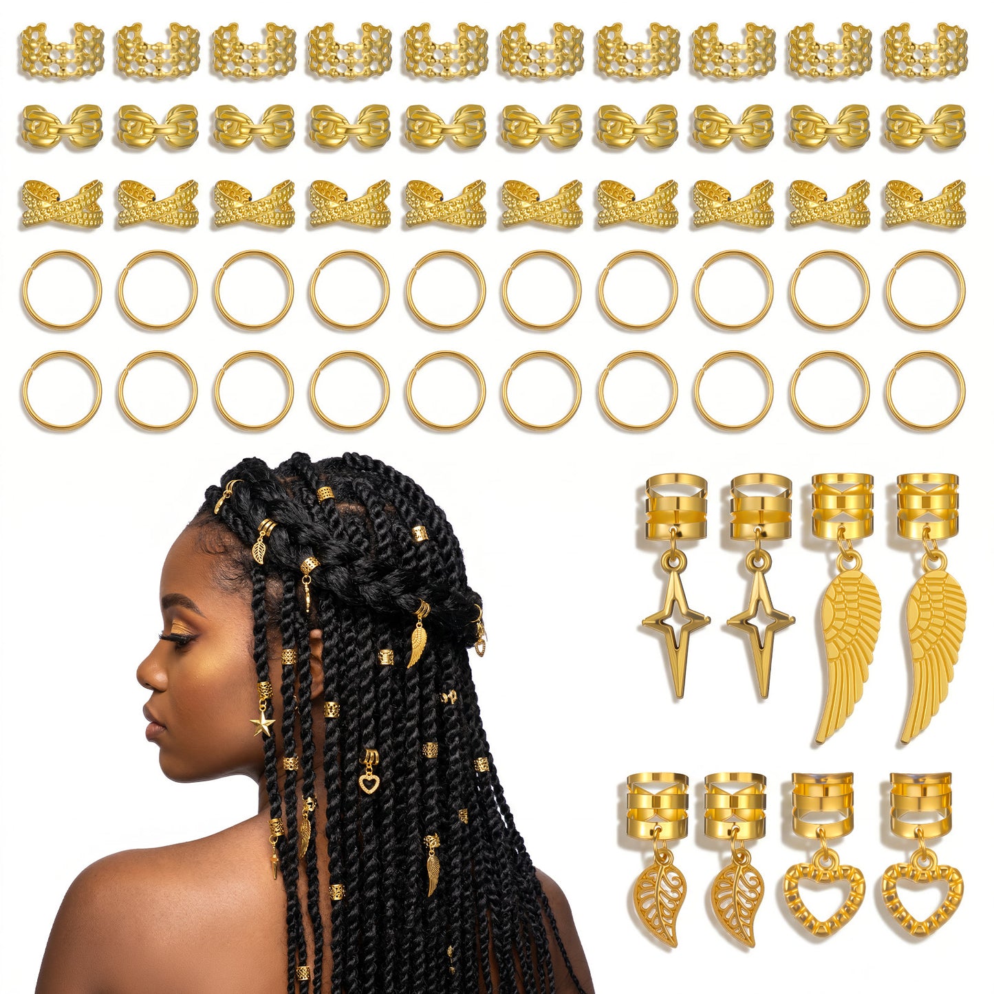 Matwsec 58 Pcs Gold Hair Jewelry for Braids, Multiple Styles Loc Jewelry, Adjustable Hair Cuffs Hair Clips Hair Accessories for Braids, Gold Hair Rings Loc Dreadlock Pirate Accessories for Men Women