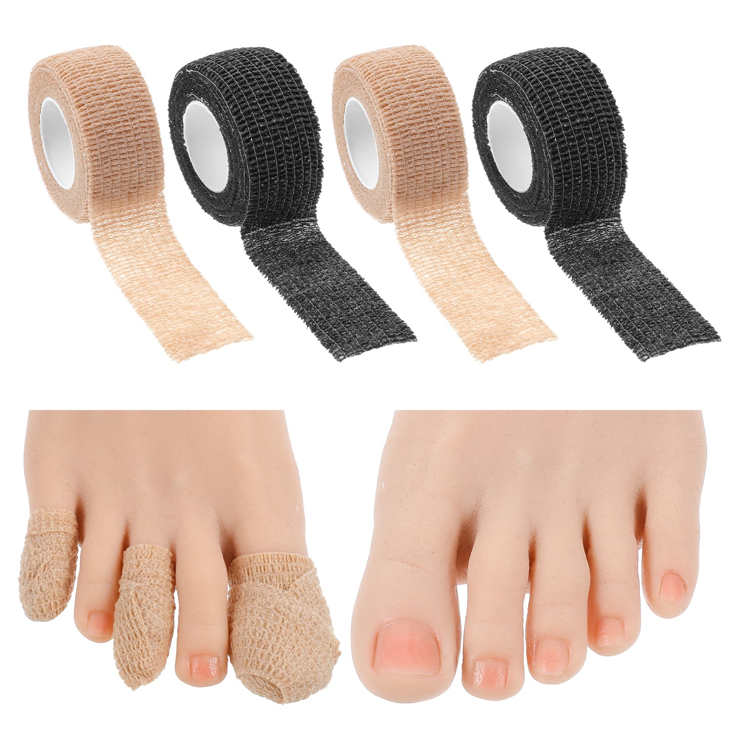 4 Rolls 1 Inch Self Adhesive Bandage Wrap for Broken Toes, Toe Bandages for Big Toes, Elastic Toe Tape Protector for Finger, Wrist & Ankle Support (Beige, Black, 4.92 Yd/ 4.5 M Per Roll)