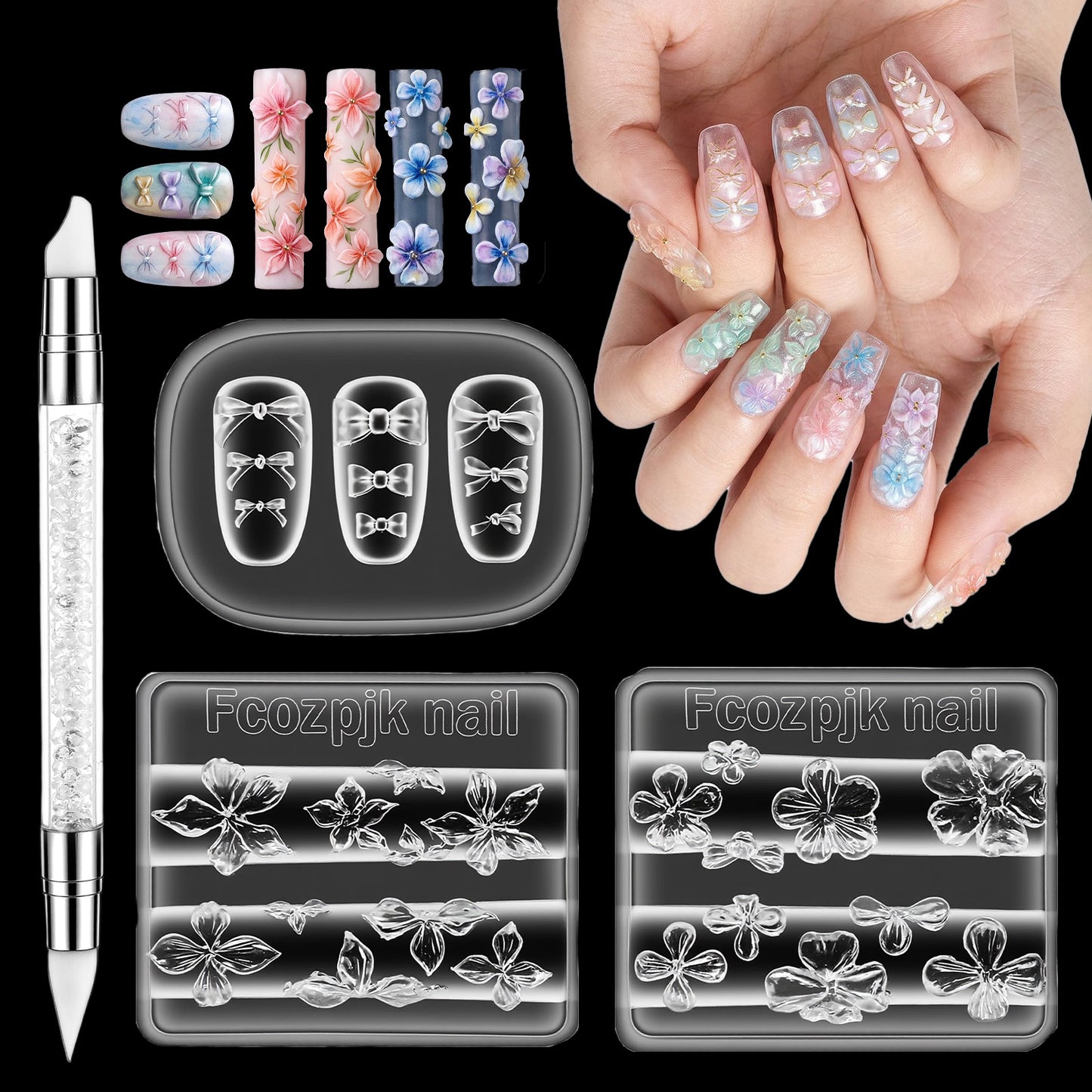 3 PCS Silicone Nail Art Molds with Carving Pen, Reusable Clear 3D Flowers Bows Nail Charm Molds Hibiscus Flowers Cherry Blossom Design Mold Manicure Carving Template DIY Charms Resin Craft Accessories