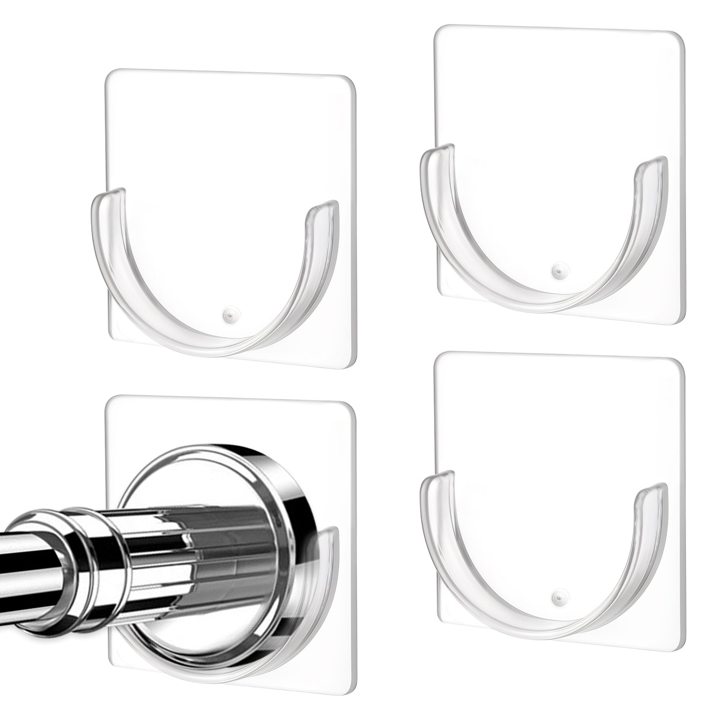 4 Pcs Adhesive Curtain Rod Holder Shower Rod Holders No Drilling Screw Small Transparent Tension Bracket for Curtain Rods Over Blind Multifunction U Shape ABS Plastic Shower Retainer(Rod Not Included)