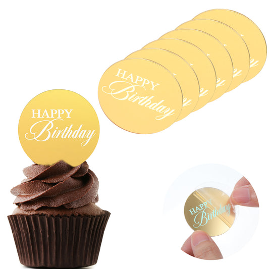 20 Pcs Mirror Acrylic Cupcake Toppers, Round Gold Engraved Cake Picks Personalized Happy Birthday Cake Topper Cakes Disc Decorations for Birthday Party DIY Decorative Supplies