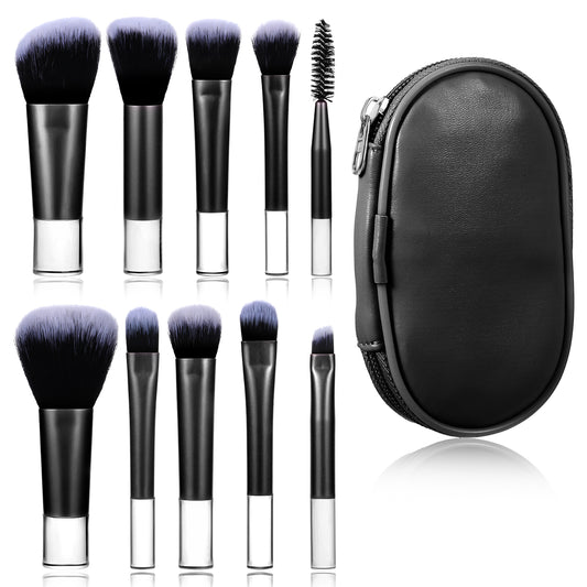 10 Pcs Portable Makeup Brush Set Easy-Taken Mini Full Complete Function Cosmetic Brushes Travel Kit Nylon Brushes Foundation Powder Concealers Eye Shadows Makeup Set With Case Black
