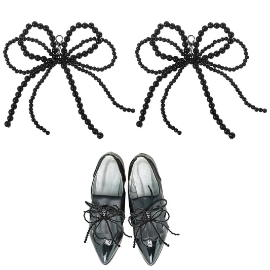 2 Pcs Shoe Charms For Sneakers Pearls Bowknot Sneaker Charms Shoe Lace Charms Sneakers Elegant Pearl Buckle Beaded Chain Dress Shoe Sneaker Accessories For Women Girl Diy Casual Shoe Lace(Black)