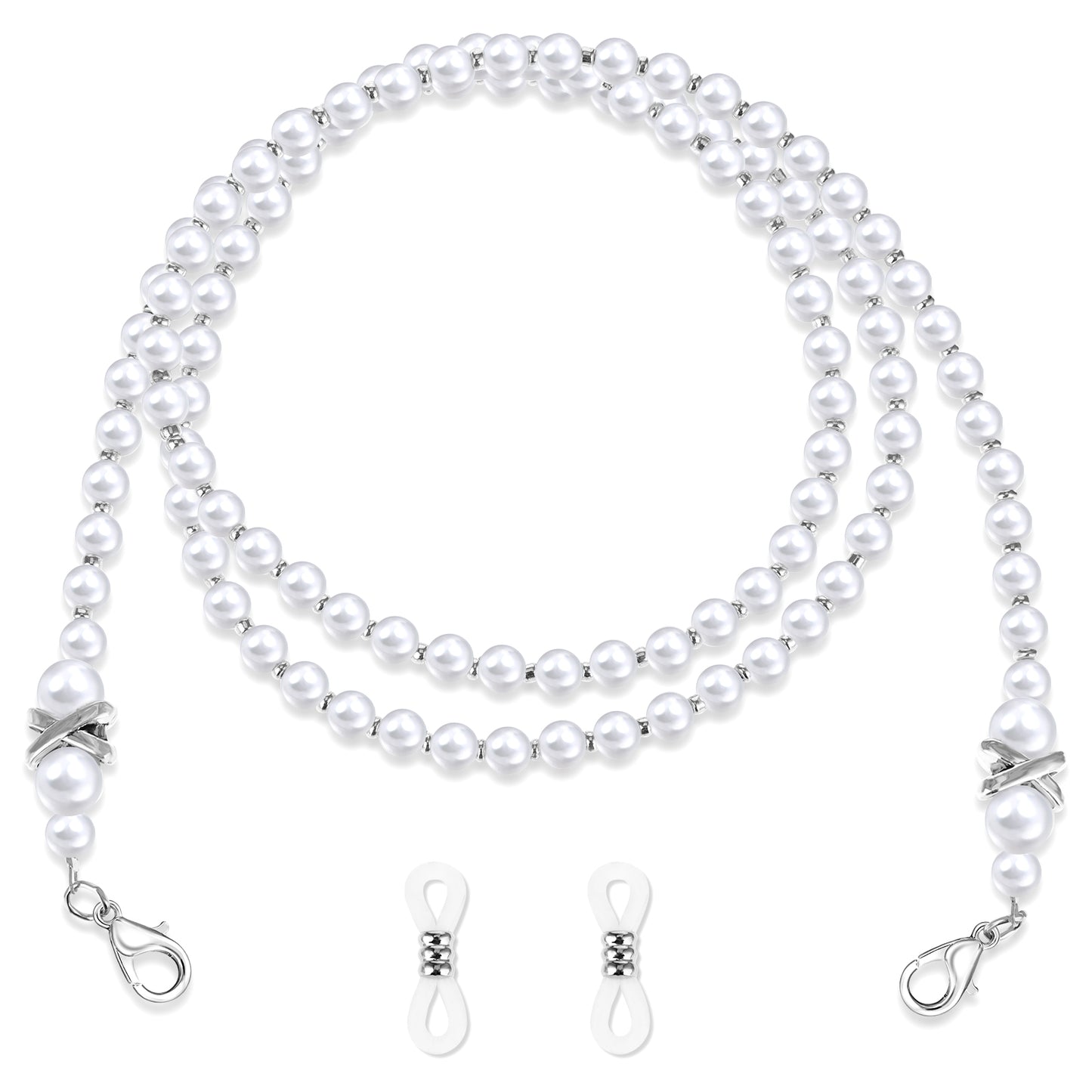 2PCS Glasses Chain Pearl White Eyeglasses Strap Lanyard, Stylish Beaded Sunglass Chains String Bead Eye Glasses Holders Around Neck for Women