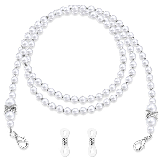 2PCS Glasses Chain for Women, Pearl White Eyeglasses Strap Lanyard, Stylish Beaded Sunglass Chains String Bead Eye Glasses Holders Around Neck