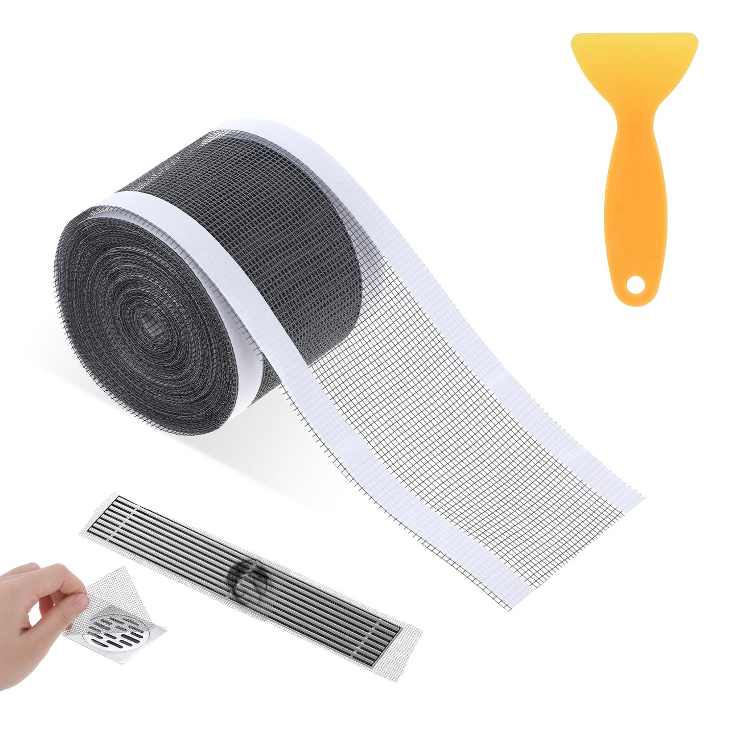 Ouligay 4Inch x33Ft Disposable Shower Drain Screen Self-Adhesive Stickers with Cleaning Shovel, Linear Shower Drain Hair Catcher Screen Disposable Shower-Drain Mesh Stickers for Bathroom Kitchen Sink