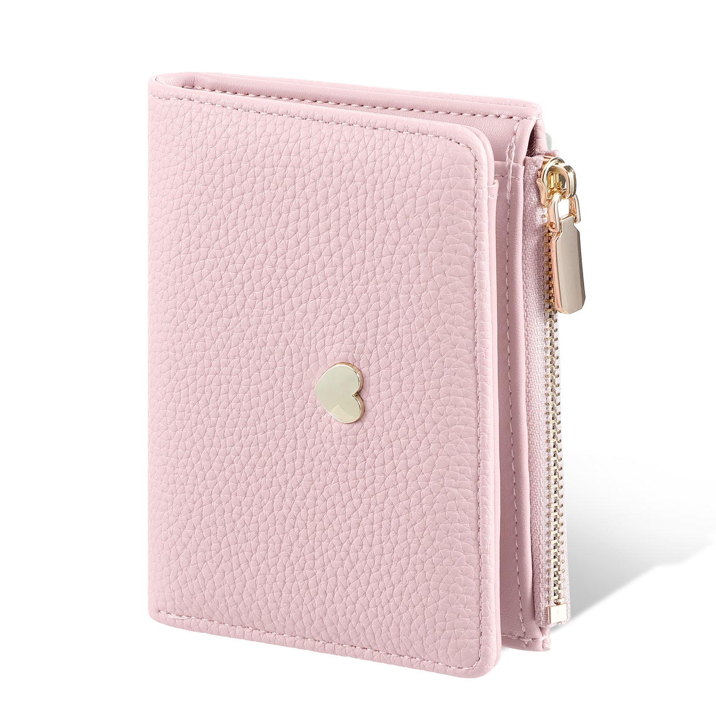 Matwsec Small Card Wallet for Women, Pink Card Holder, Slim Lychee Grain Wallet Id Credit Cards Slots and Coin Pocket, Compact PU Purse, Heart Accent Gift