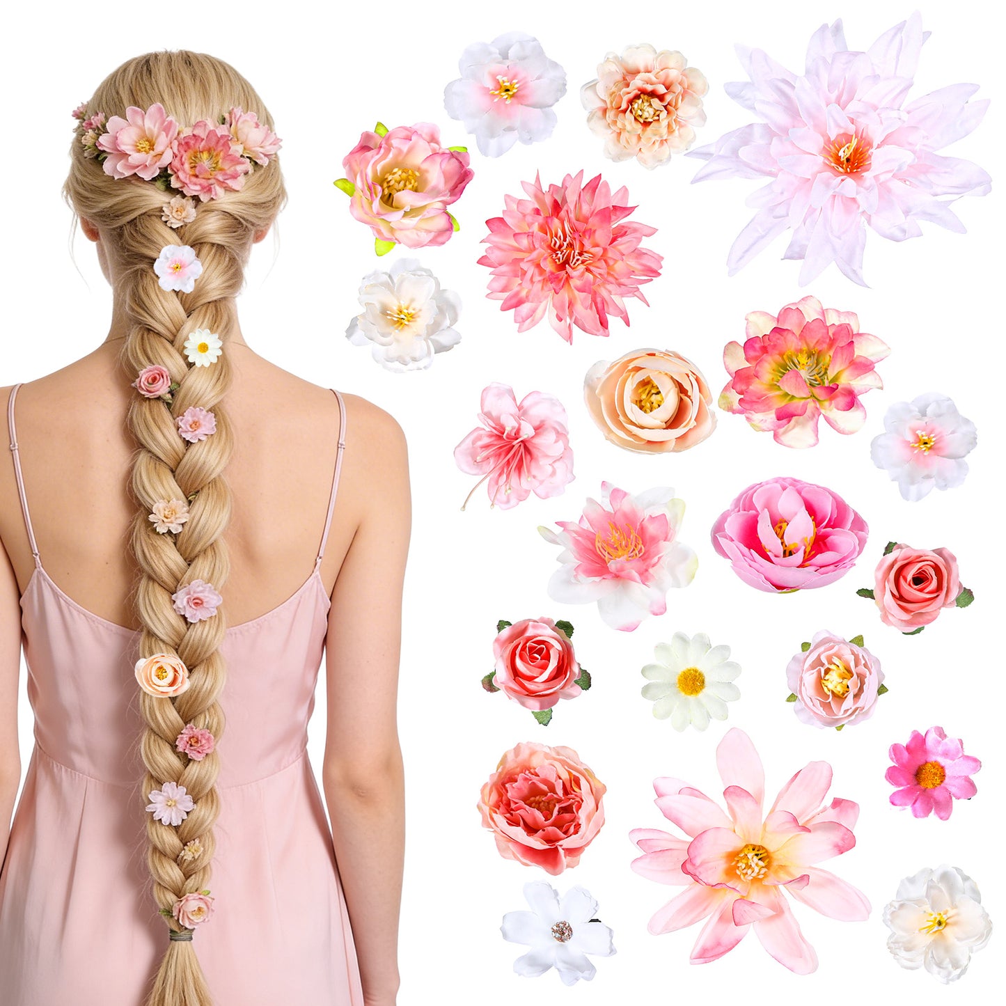 Nogeqi 21 Pcs Flowers for Hair, Hawaiian Flower Hair Clips, Flower Clips for Hair, Pink Floral Hair Clips,Flower Hair Accessories Barrettes for Women Beach Weddings Summer