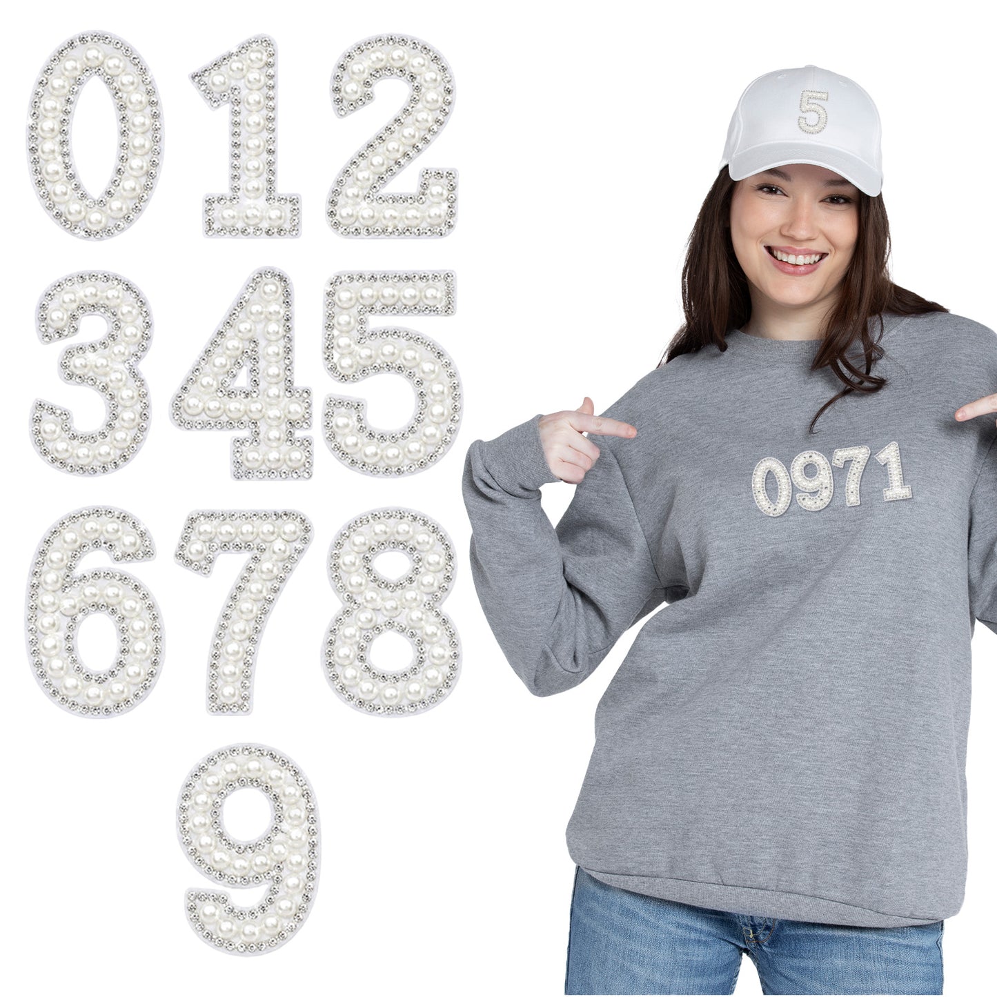 RAHHLIZS 10PCS Pearl Rhinestone Number Patches, Iron On Letters and Numbers