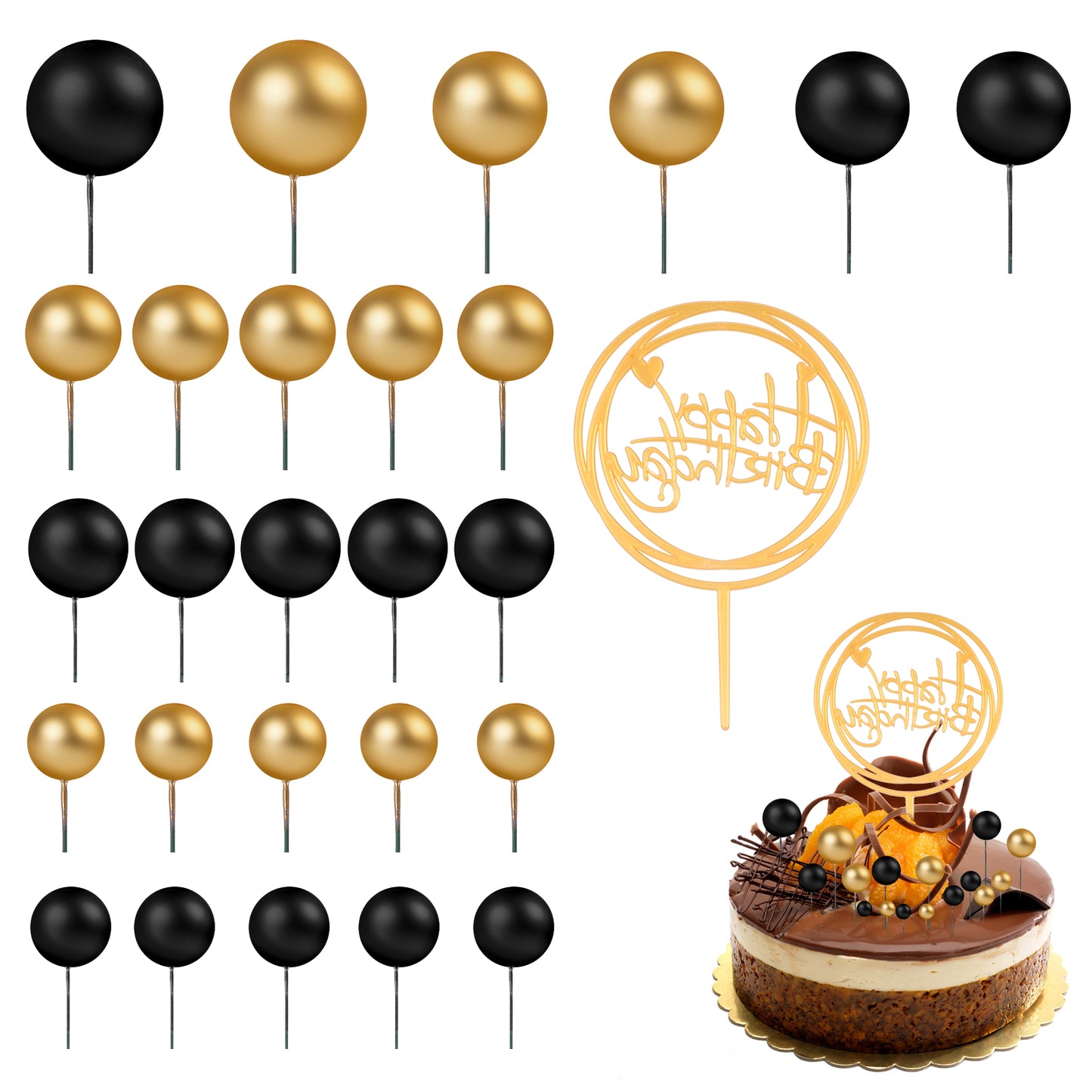 Tyqour 26Pcs Black Gold Balloon Cake Topper Mini Balloons Ball Cake Toppers Happy Birthday Cake Insert Pick Black and Gold Cake Decorations for Wedding Anniversary Birthday Baby Shower Party Supplies