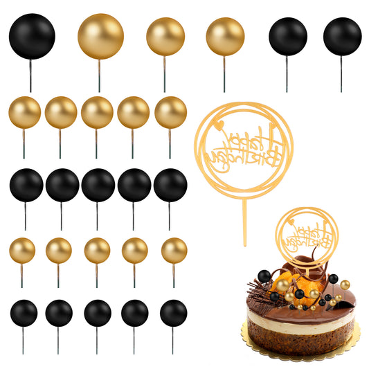 Tyqour 26Pcs Black Gold Balloon Cake Topper Mini Balloons Ball Cake Toppers Happy Birthday Cake Insert Pick Black and Gold Cake Decorations for Wedding Anniversary Birthday Baby Shower Party Supplies