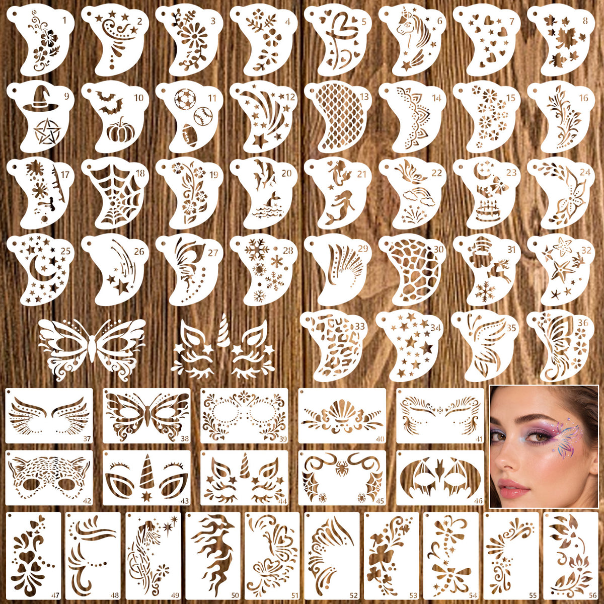 Matwsec 56 Pcs Face Paint Stencils Reusable Halloween Body Tattoo Stencils