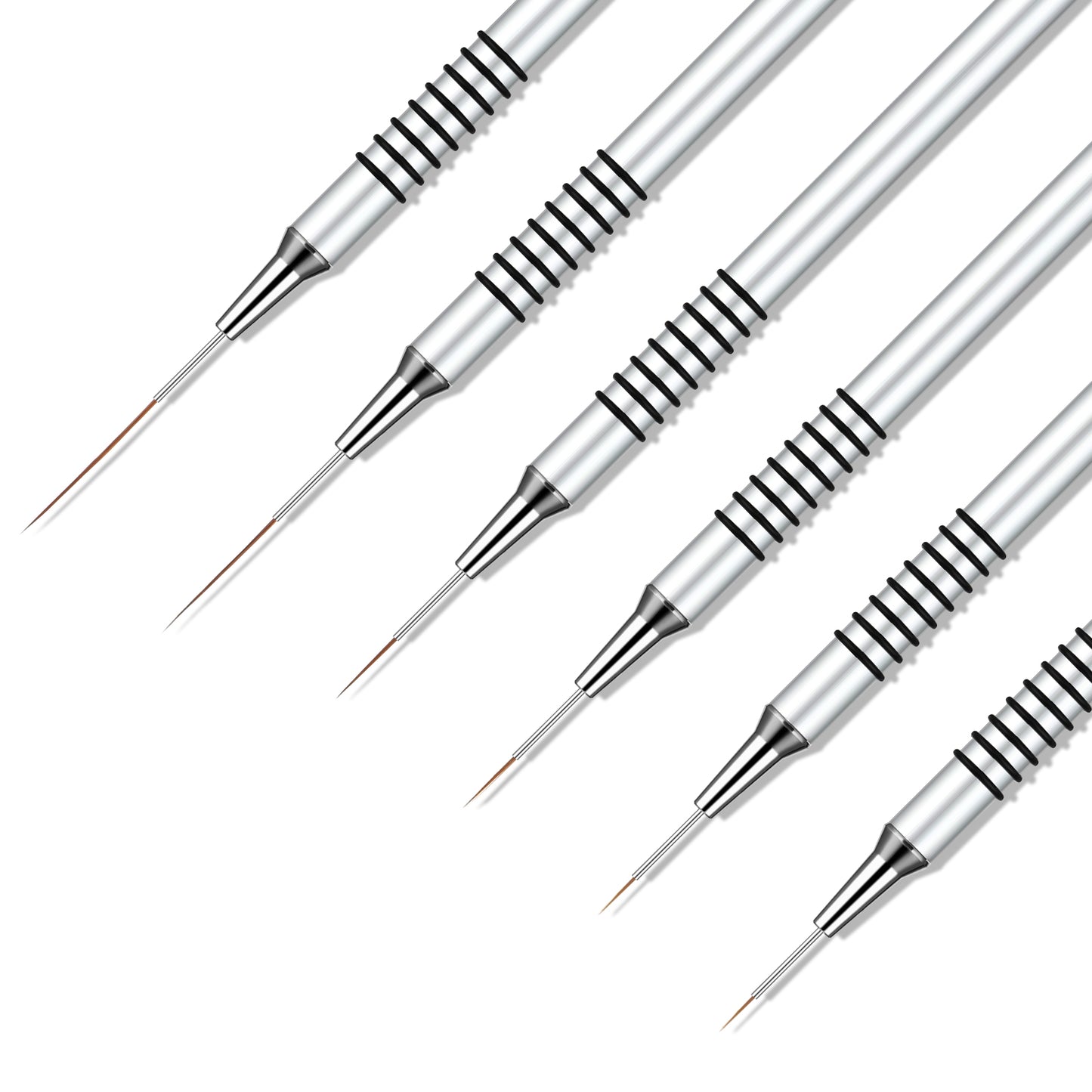 Ouligay Nail Liner Brush Set - 6pcs Fine Line Nail Art Brushes for Gel Polish, Nail Polish Brushes, Silver Metal Handle, Sizes 5/7/9/11/15/25mm