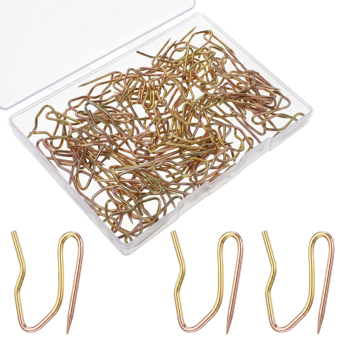 100pcs Hooks for Curtains, 1.2 Inch Curtain Pins Gold Metal Drapery Hooks Pins Pinch Pleat Hook with Clear Box for Window, Door, Shower Curtain