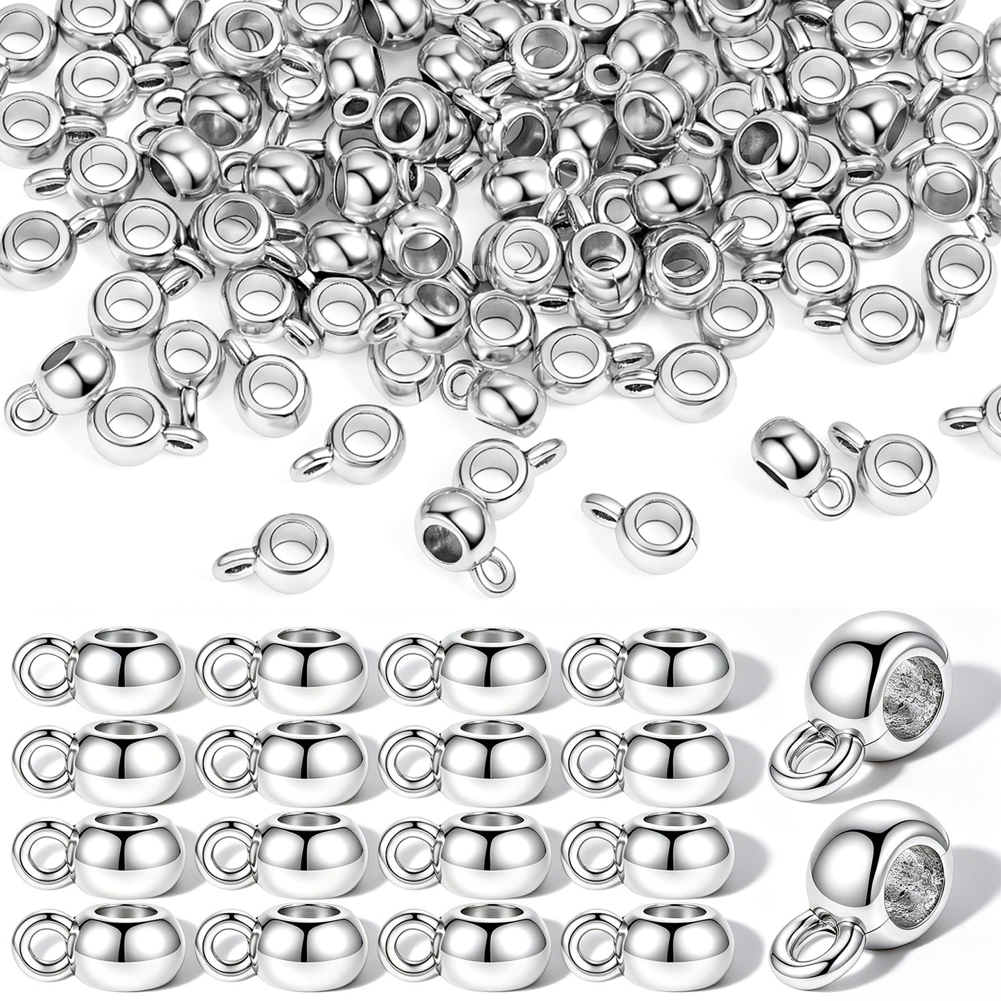 RAHHLIZS 100Pcs Links Bail Beads Wonderful Silver Metal Charm Hanger Links Tube Charm with Loop for Bracelets Necklaces Earrings Jewelry Making Crafts DIY