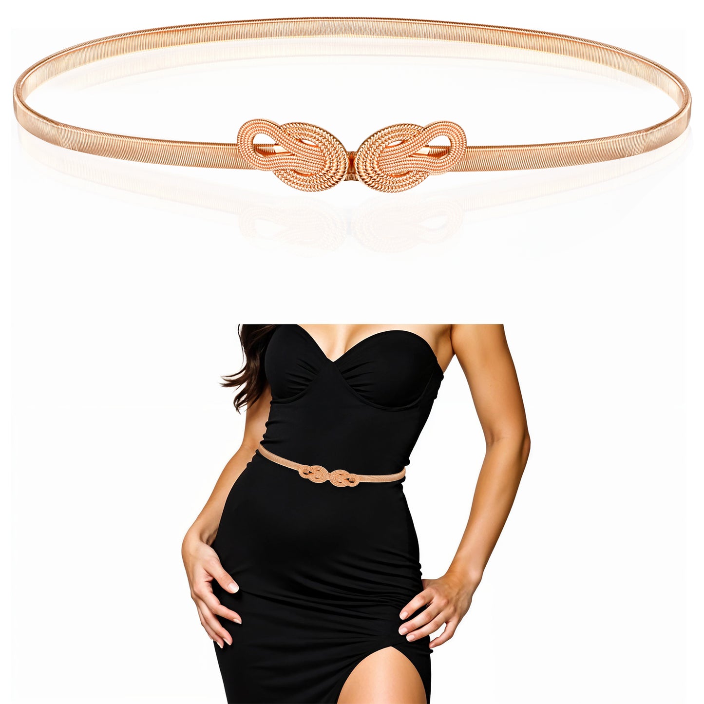Teaaha Gold Belt Women Thin Golden Waist Belts Fancy Ladies Fashion Metal Stretch Waistband Skinny Pendant Chain Belt Elastic for Girls Women Dress