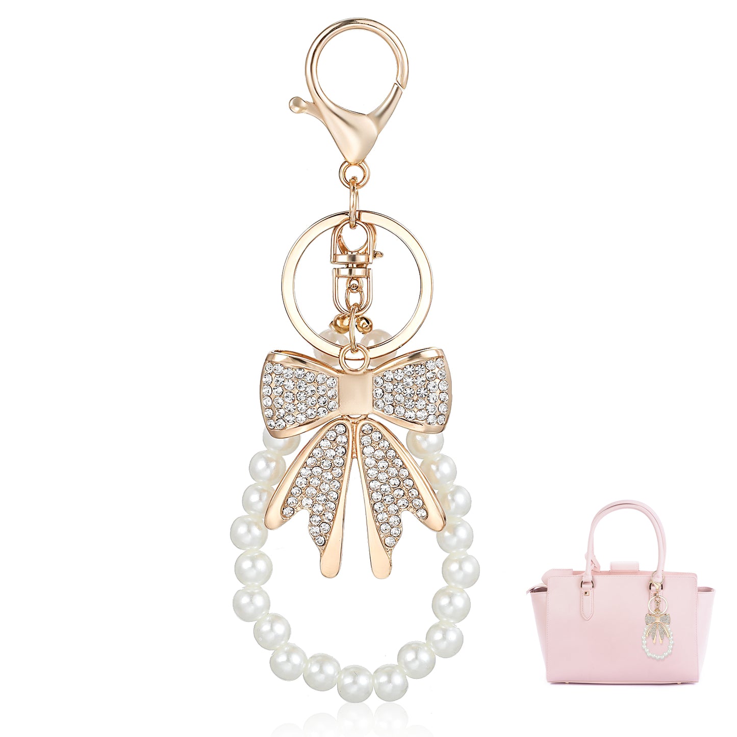 Elegant Pearl Bow Bag Charm Keychain Gold Bow Keychain Sparkly Rhinestone Bows Key Chain Cute Coquette Aesthetic Purse Charms for Handbag Backpack Car Keys Wedding Birthday Back to School Gift