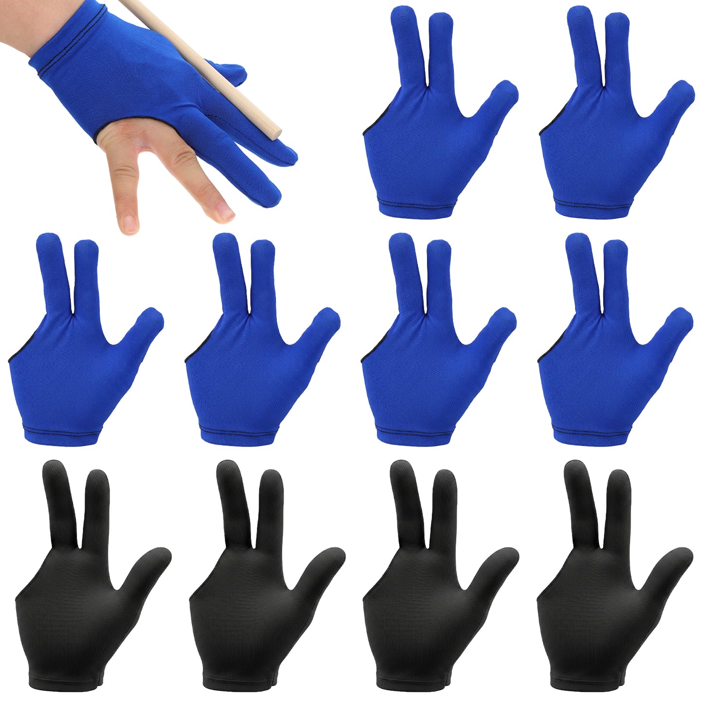 Sorcristy Billiards Glove 10 Pcs Three Finger Pool Gloves Nylon Table Pool Left Right Hand Breathable Elastic Cue Sports Gloves Universal Sports Accessories for Women & Men (Black, Blue)