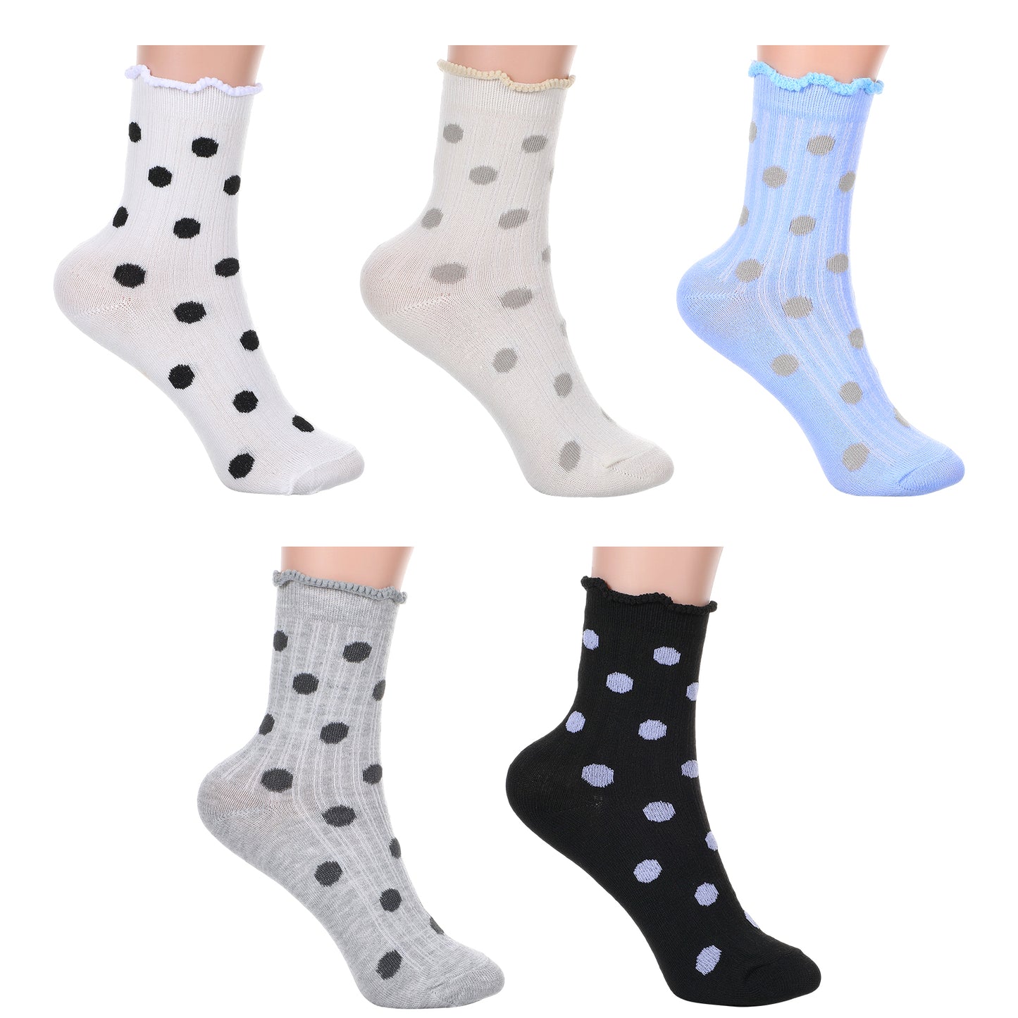 Tyqour 5 Pairs Ruffle Socks Women Funny Polka Dot Women's Frilly Crew Cute Novelty Casual Cotton Breathable Ruffled Ankle Socks
