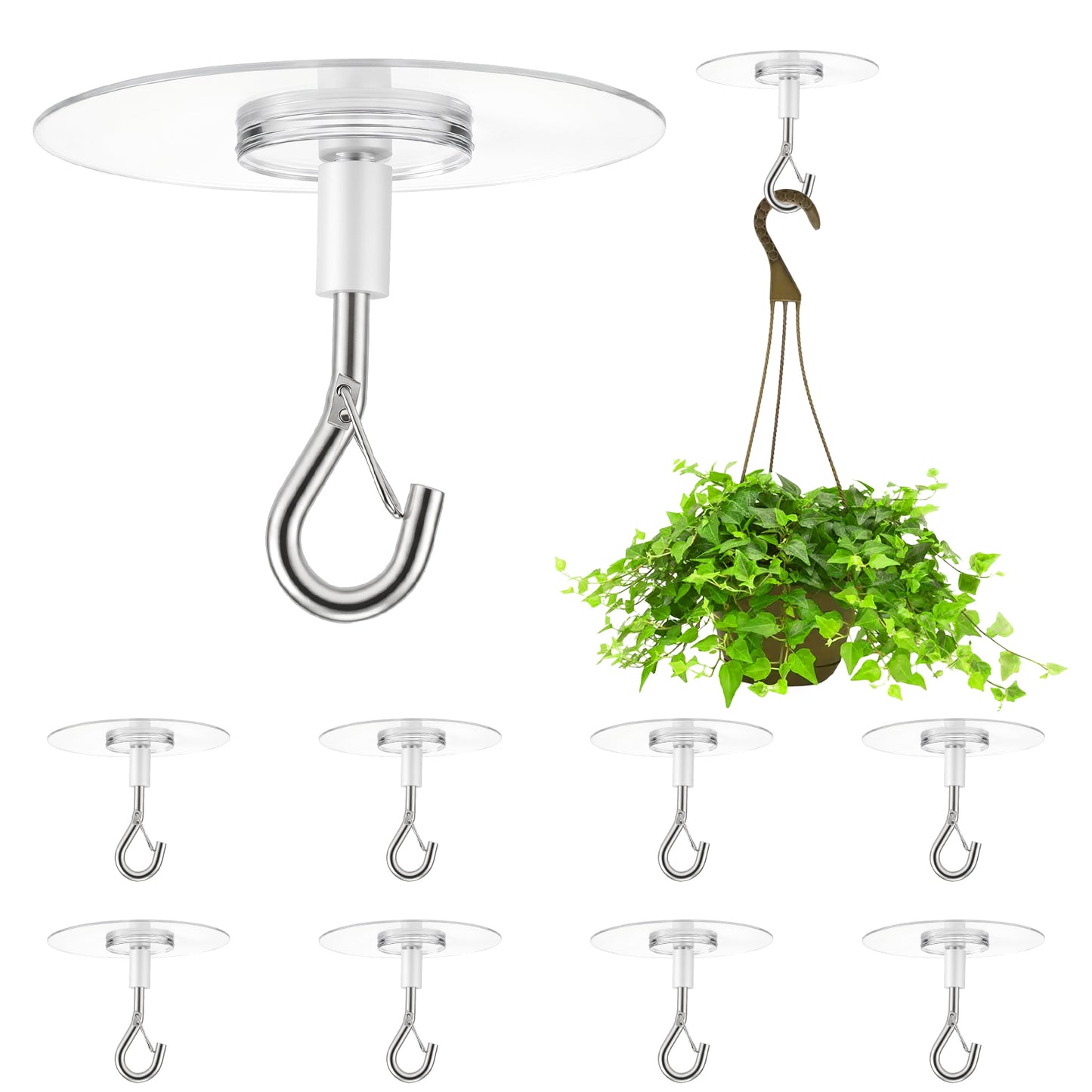 Bremorou 8 Pcs Adhesive Ceiling Hooks Heavy Duty, No Drill Ceiling Hooks for Hanging Plants, Stainless Steel Eye Hooks with Safety Locks for Wind Chimes Fans Lantern Indoor and Outdoor Kitchen Use