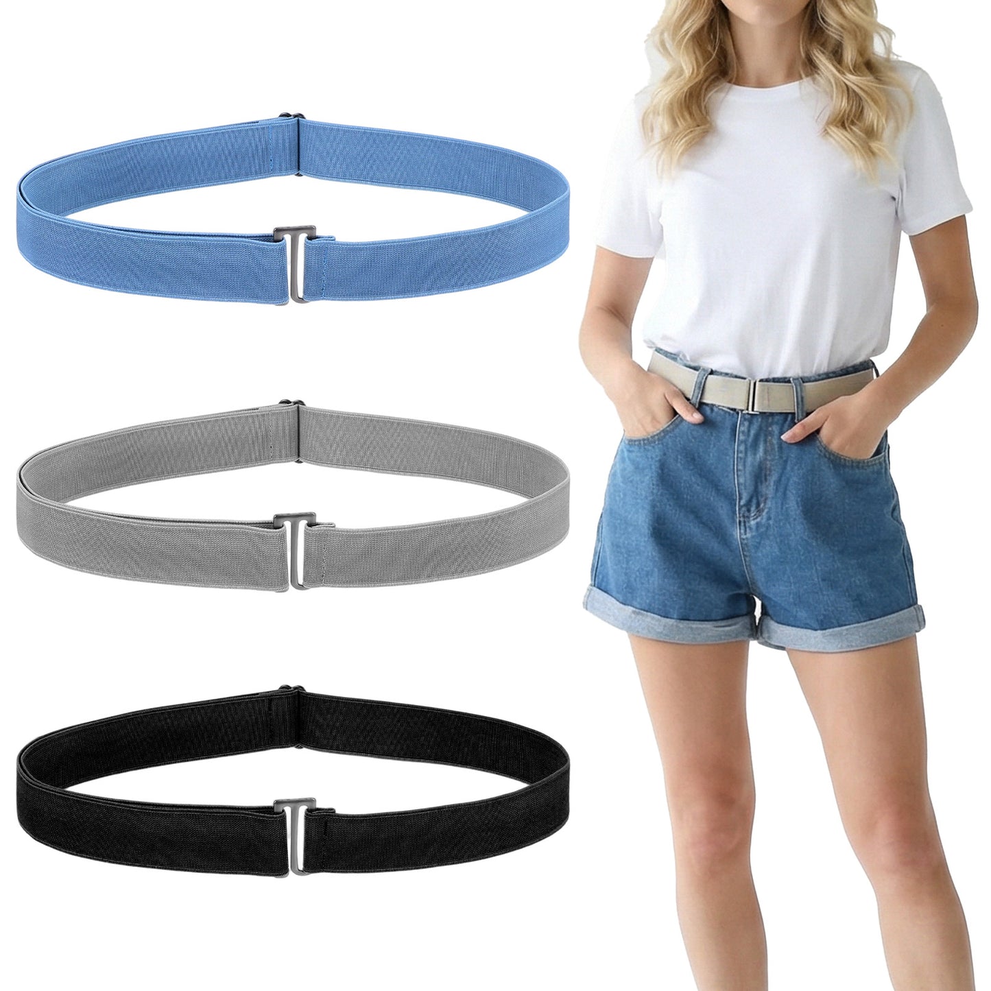 Matwsec 3 Pack Elastic Belt for Women, Stretch Belt with Flat Buckle, Adjustable Waist Belts for Jeans, Women's Belts for Jeans, Pants, Dresses, Invisible 3 Colors