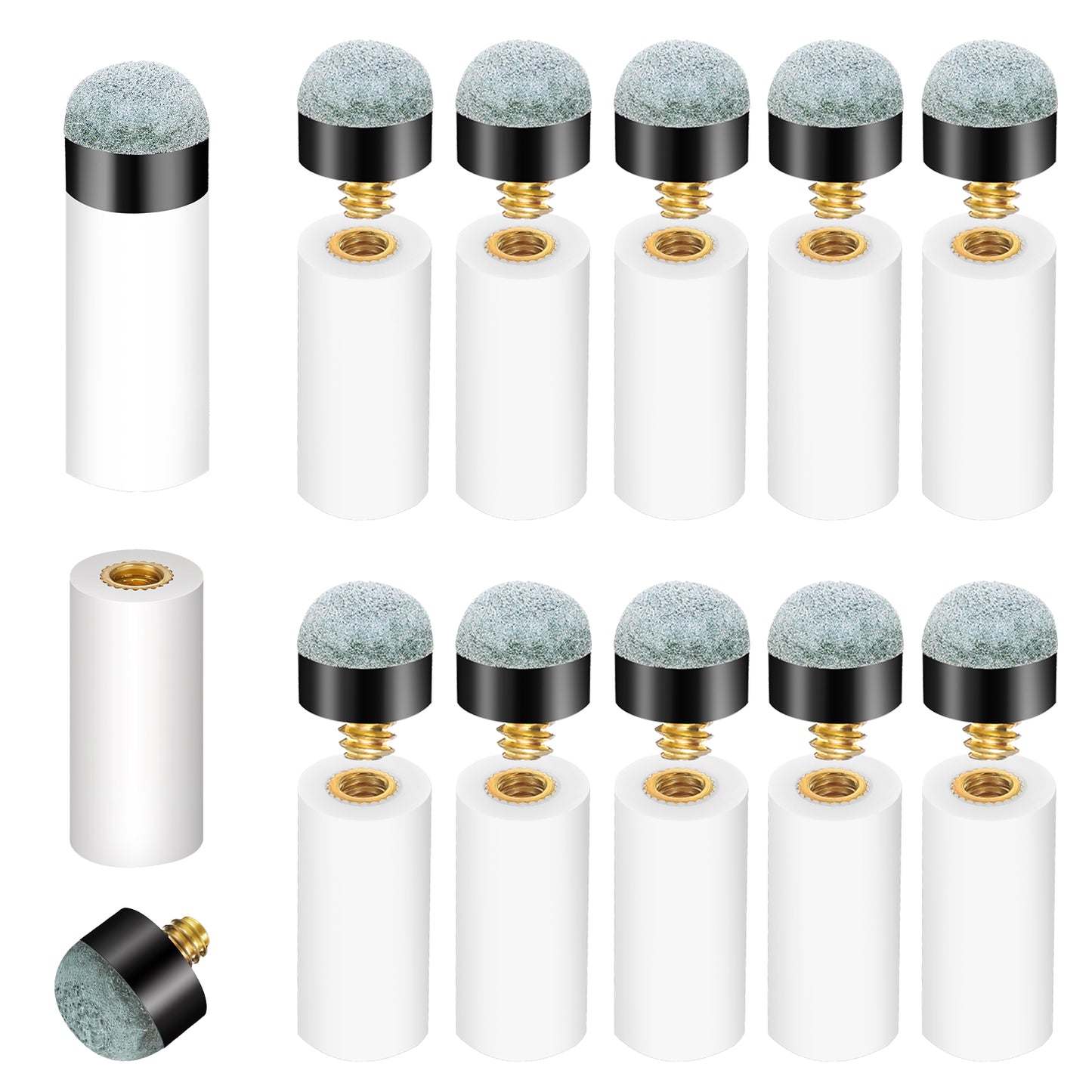Ymapinc 10 Set Pool Stick Tips Replacement Kit with White Pool Cue Stick Ferrules, Screw-On Billiard Cue Tips, Durable Pool Tips for Pool Sticks, 12mm Pool Cue Tips Replacement Kit