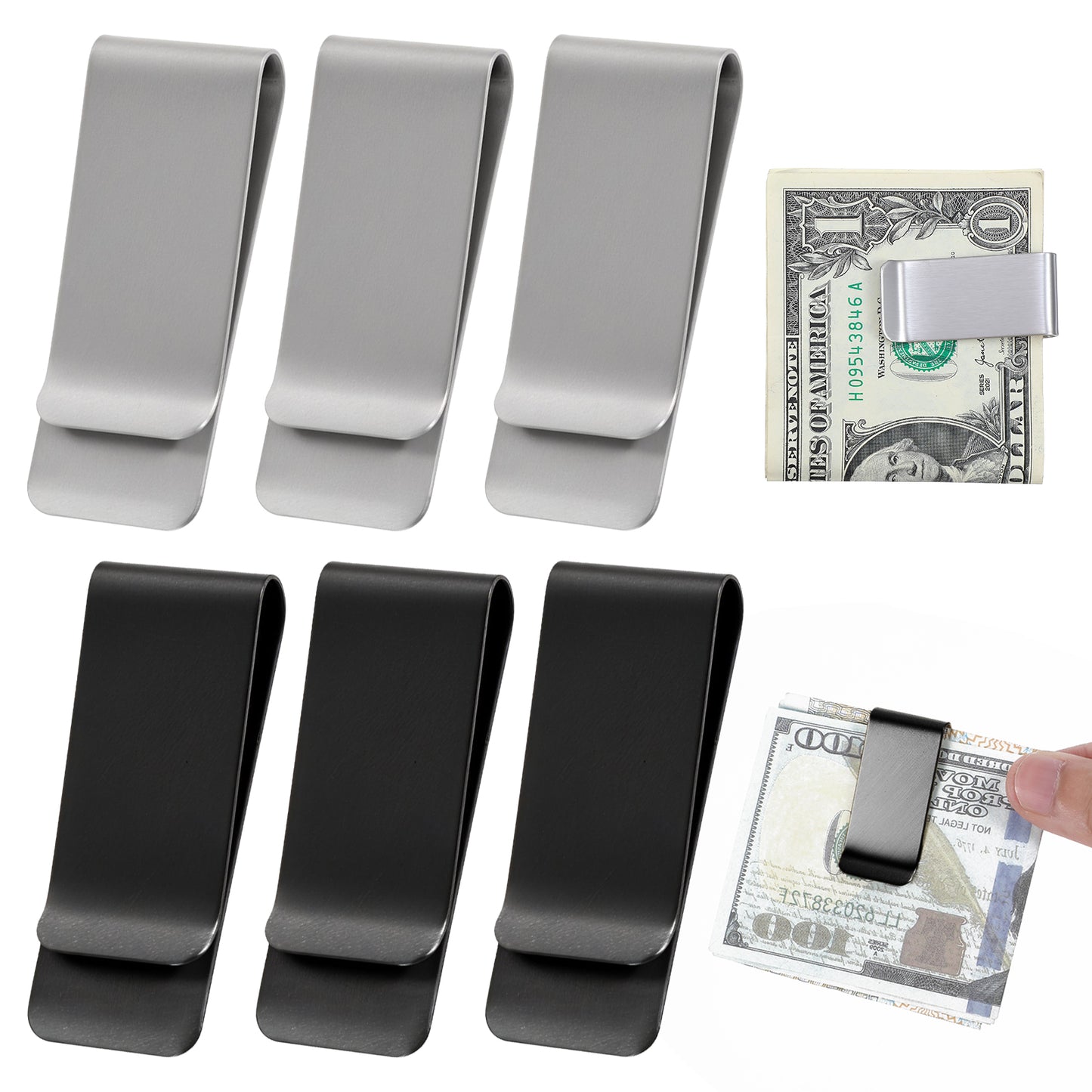 RAHHLIZS 6PCS Stainless Steel Money Clips for Men Women,Silver & Black