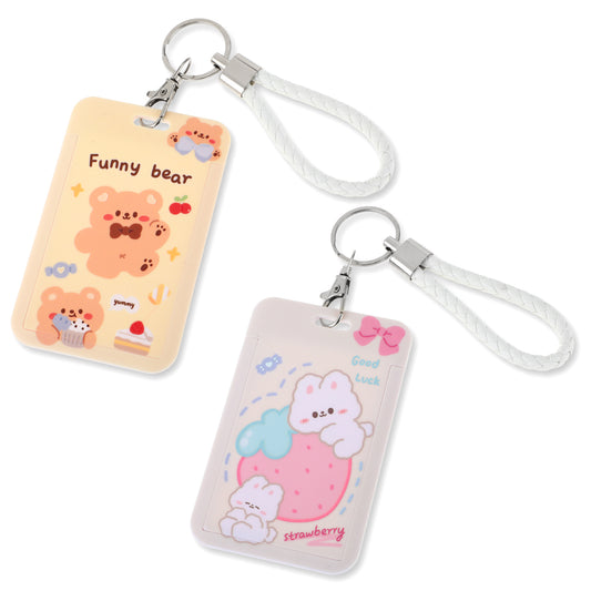 Ymapinc 2Pcs Photocard Holder Keychain, Suitable for Work ID Membership Credit Cards, Cartoon Animal Design (Hugging Strawberry Rabbit & Cake Bear), Plastic Pink & Yellow with White Bracelet