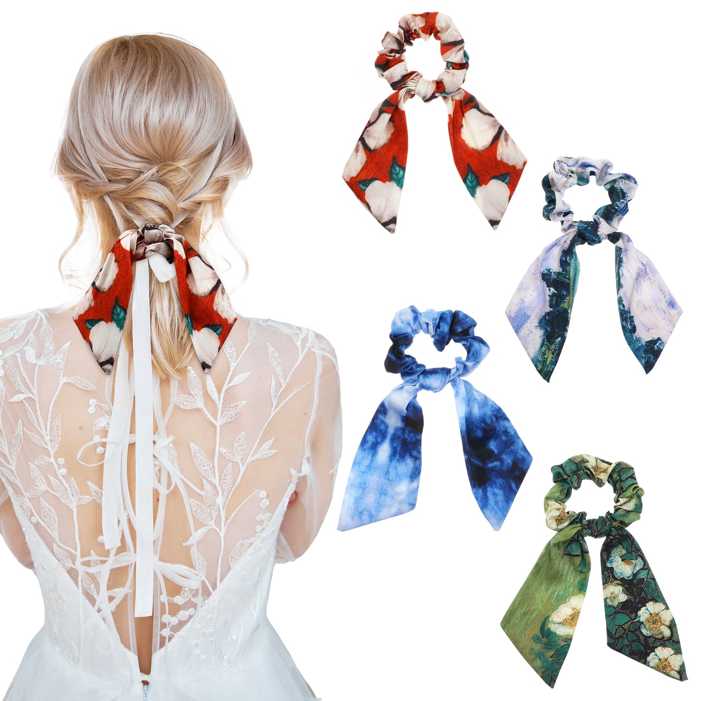 Mabor 4Pcs Scrunchie with Bow – Hair Ribbons for Women, Elegant Bow Hair Ties, Soft Ponytail Holders for Women