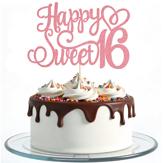 16th Birthday Cake Decoration, Rose Gold Birthday Cake Topper Glittery for Sweet 16 Party Celebrations Celebrating Anniversary Party Decoration