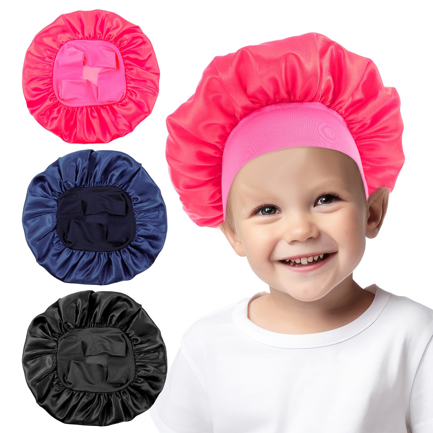 Nogeqi 3PCS Adjustable Kids Bonnets for Girls, Silk Bonnet for Sleeping Kids Natural Hair, Satin Bonnet for Toddler Baby Night Sleeping(Black, Rose Red, Navy Blue)