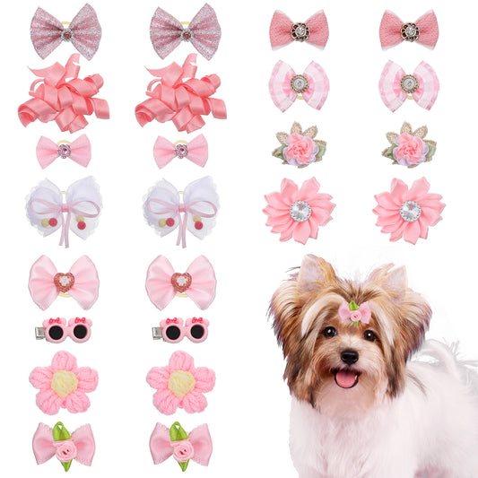24pcs Light Pink Small Dog Hair Bows,Bows For Dogs Ears,Cute Puppy Dog Bowknot Hair Bow Bulk With Rubber Bands, Elastic Lace Rhinestone Pearls Hairs Clips,Mix Handmade Gooming Flower Ball Bowknot
