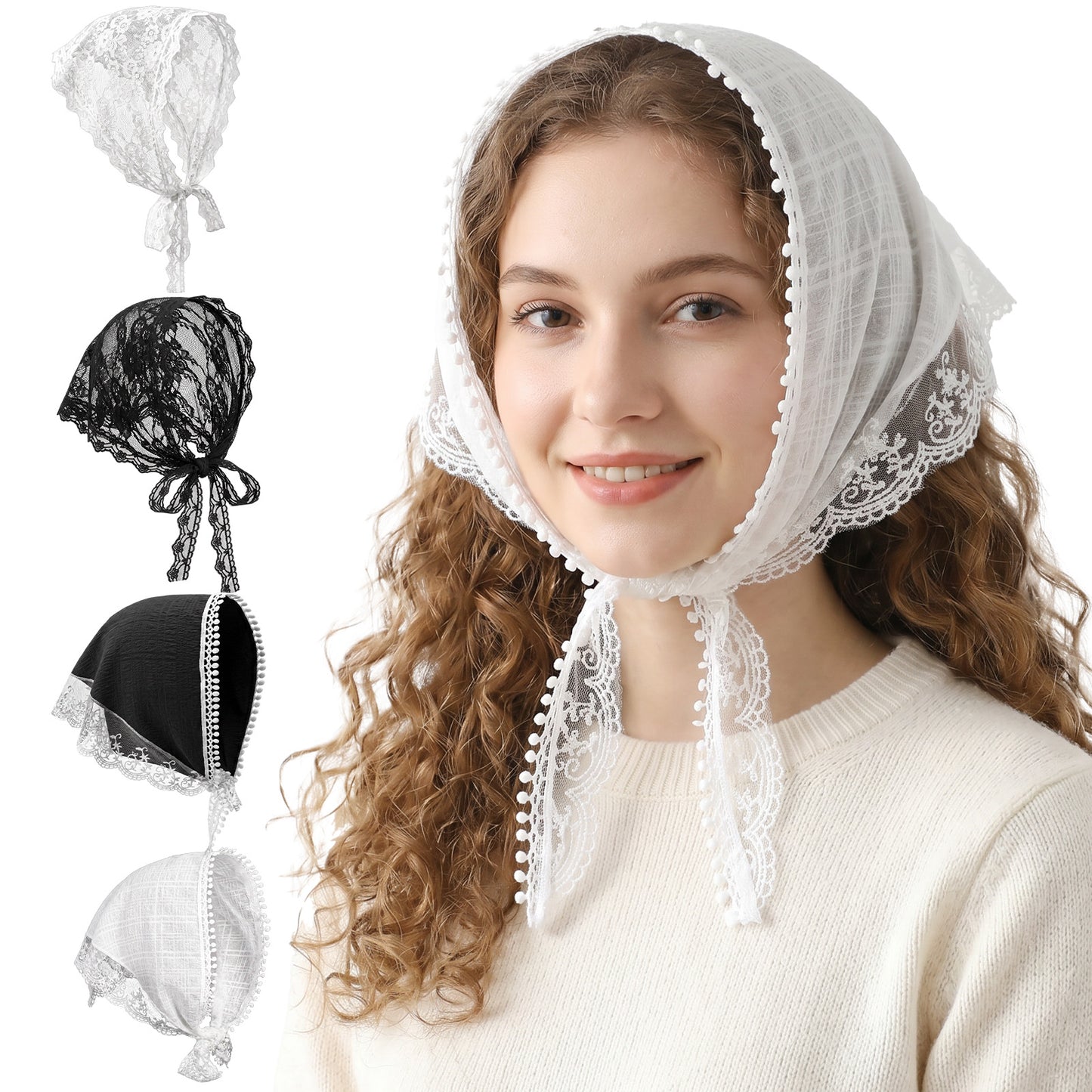 4 Pack Lace Head Scarves for Women, White and Black Lace Bandanas, Elegant Floral Design, Lightweight Polyester, Bohemian Style Accessories