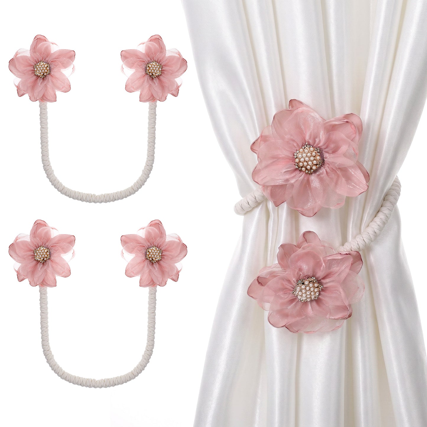 2 Pack Flower Tie Backs for Curtains, Shimmeroo No Drill Curtain Holdbacks for Drapes, Premium Fabric Decorative Curtain Tie Backs for Home Living Room Bedroom Nursery, Pink