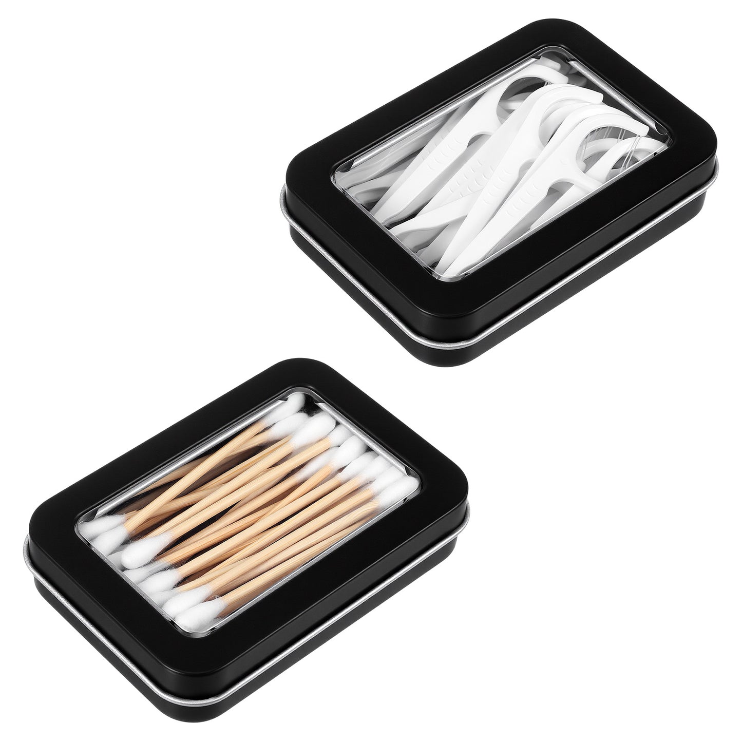 Nogeqi 2 Pcs Metal Small Tins with Lids, Travel Cotton Swab Holder Rectangular Empty Mini Portable Storage Box with Lid for Cotton Swabs, Candy, Sweets, Key, Jewelry (Black)