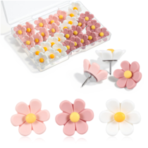 30 PCS Flowers Push Pins, Decorative Thumb Tacks for Cork Board, Photo Wall, Map, Office School Supplies (Pink, White, Pastel Pink)