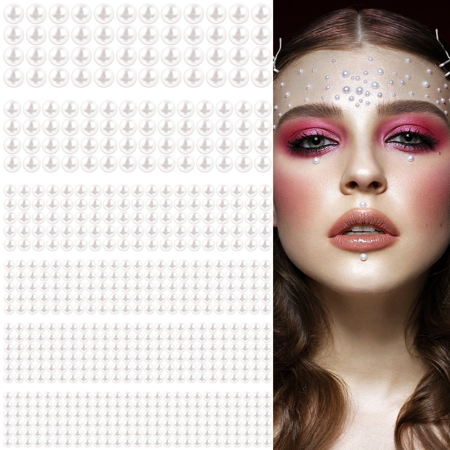 Nogeqi 1982PCS Pearl Stickers for Crafts, Adhesive Flat Back Pearls for Crafting, Stick on Pearls for Hair, Face, Makeup, Eye, Nail, 3/4/5/6/8/10mm (12 Sheets)