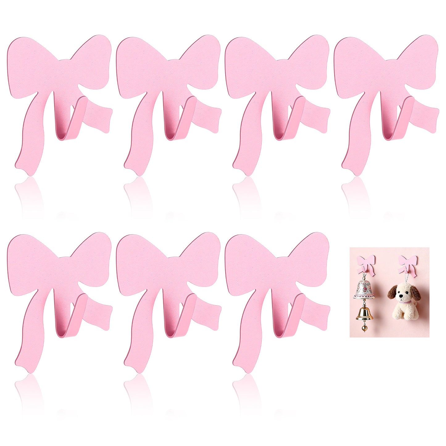 7 PCS Pink Bow Decor, Decorative Wall Hooks Metal Strong Adhesive Wall Door Hanger Coquette Room Decor, Cute Towel Coat Hooks Preppy Hanging Decoration for Girls Room Home Kitchen Bathroom Office