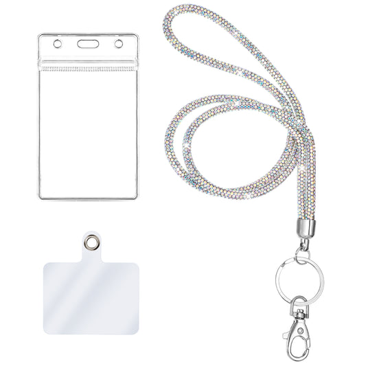 Ymapinc 34.8'' Lanyards with Card Holder Sparkle Lanyard for Women with Ab White Crystal, Rhinestone Id Badge Holder, Lanyards for Neck with Card Holder, Bonus PVC Card Holder, Cellphone Safety Tab