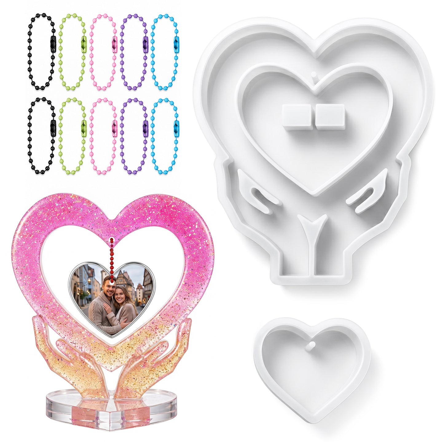 Ymapinc Resin Heart Mold, One Big and One Small Heart Molds Silicone with Ball Chain, Silicone Molds for Crafts, DIY Picture Frame Display, Art Crafts Table Home Decor Gift