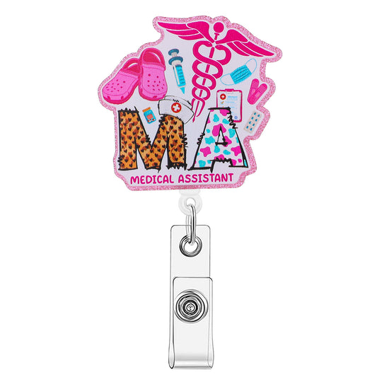 Ymapinc MA Badge Reel Retractable MA Badge Holder Pink Funny Nurse Badge Reel with Alligator Clip Acrylic Glitter Nursing Assistant Badge Reel for Work Hospital Accessories