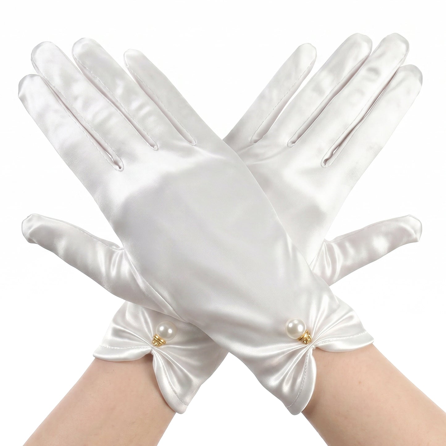 Matwsec White Satin Gloves for Women, Short Bridal Dress Gloves with Pearl, Wrist-Length Tea Party Glove for Wedding Banquet Opera