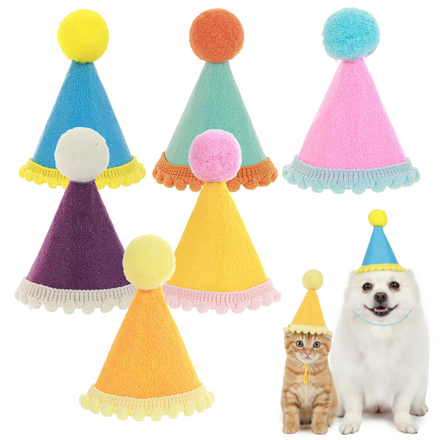 6 Pcs Party Hats for Stuffed Animals Mini Party Hats for Small Dog Cat Birthday Hat for Stuffed Animals Adjustable Holiday Hat Felt Pom Pom Headband Kitten Pet Grooming Costume Accessories